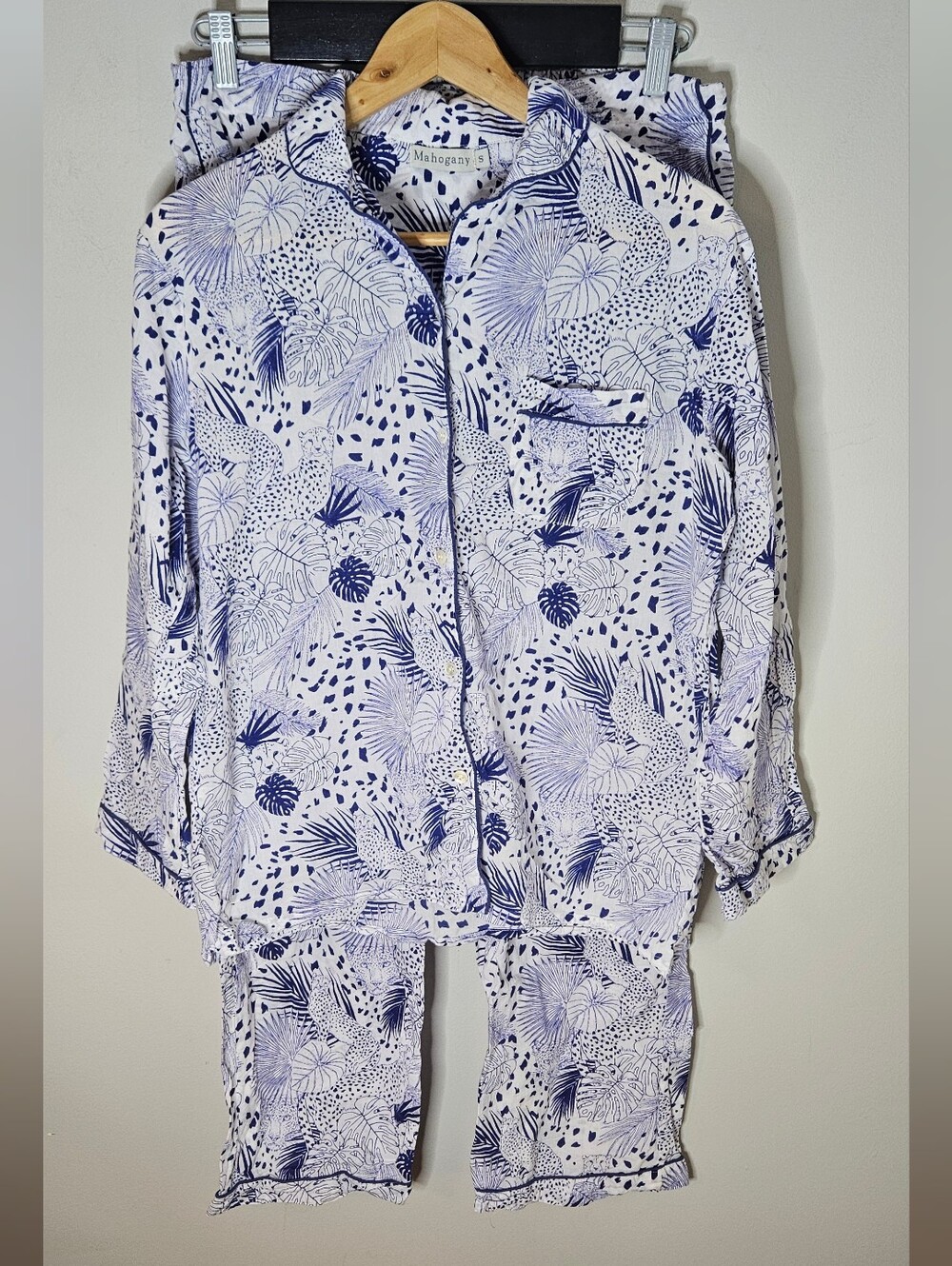 Mahogany Blue White Cotton Floral Pajamas Long Pants Button Front Women's S